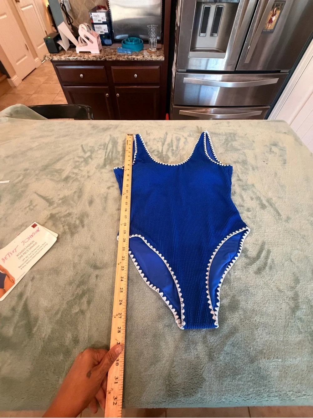 Betsey Johnson Women XL Blue One Piece Swimsuit White Crochet Trim UPF 50+